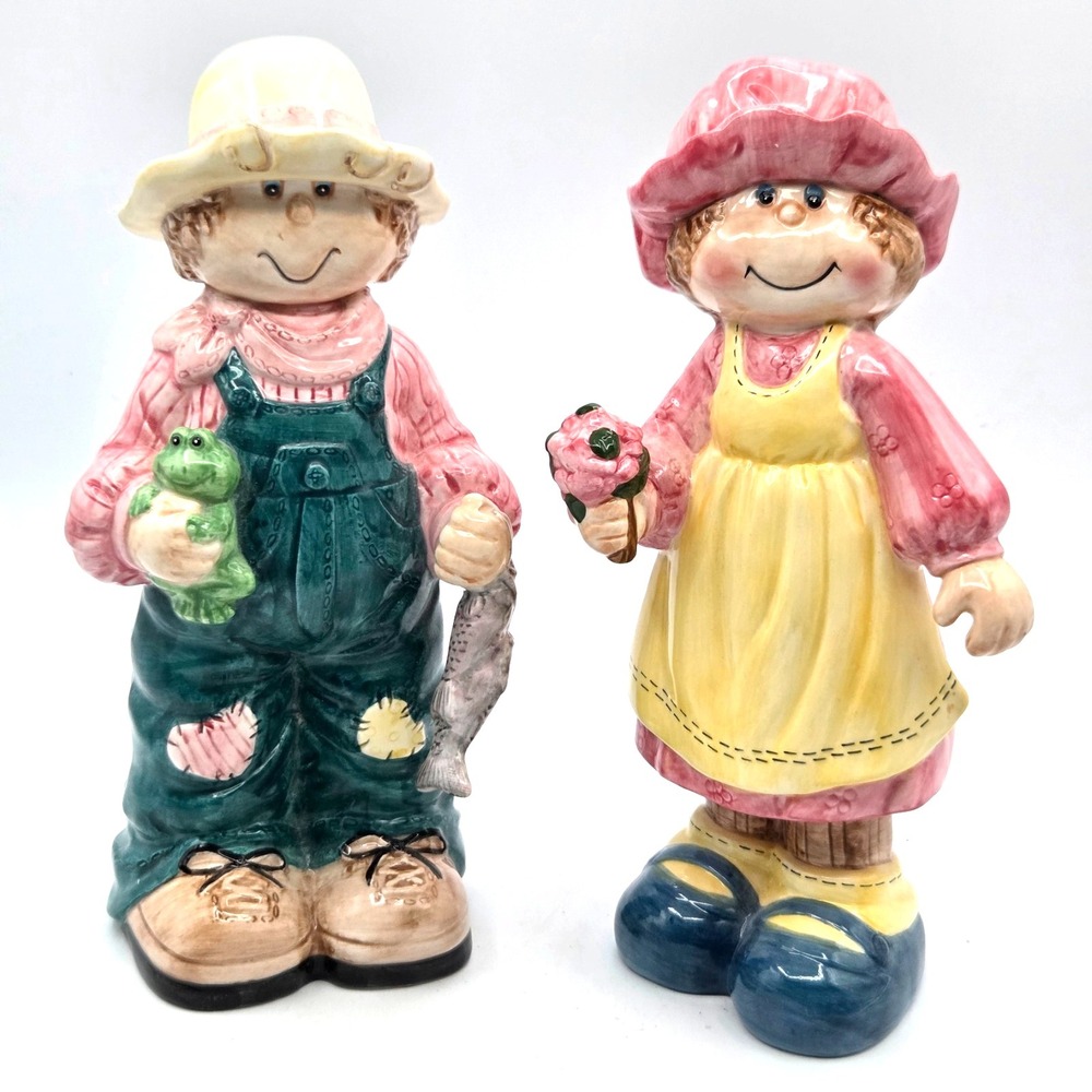 Vintage Long Rich Figurines Boy W‎ Fish Girl W Flowers Handpainted 9.5" Cottage